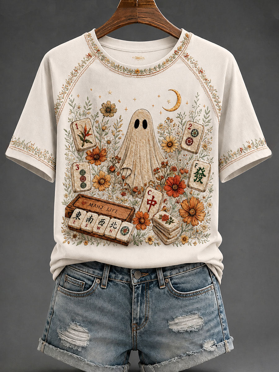 Women's Halloween Mahjong Night Printed Casual T-Shirt
