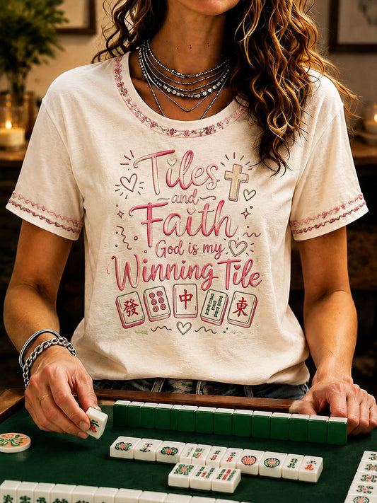 Women's Christian Mahjong Print Casual T-Shirt