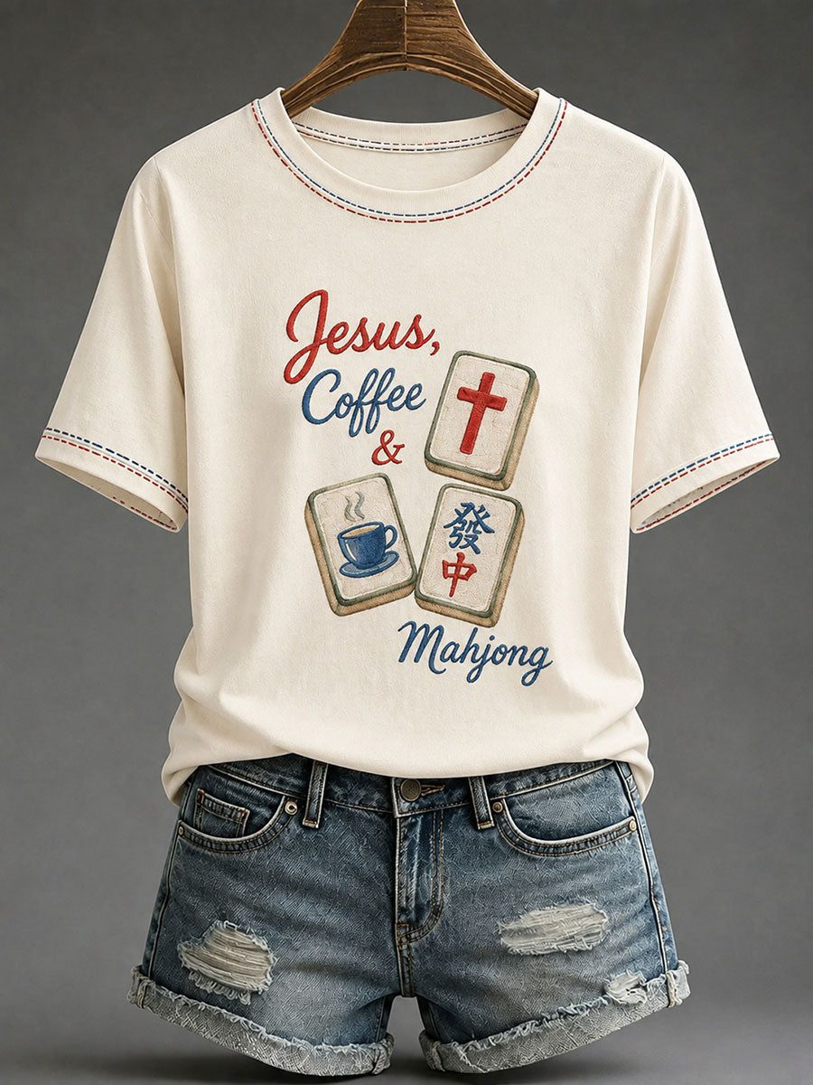 Women's Christian Mahjong Print Casual T-Shirt