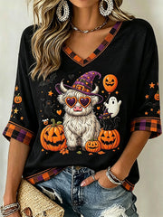 Women's Halloween Theme Pattern Printed Casual Mid-length Sleeves V-Neck T-Shirt