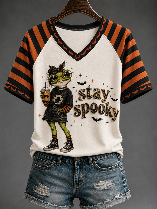 Women's Stay Spooky V-neck Off-shoulder Short-sleeved T-shirt