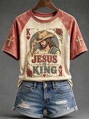 Women's Retro Jesus Is King Playing Card Art Print Round Neck Short Sleeve T-shirt