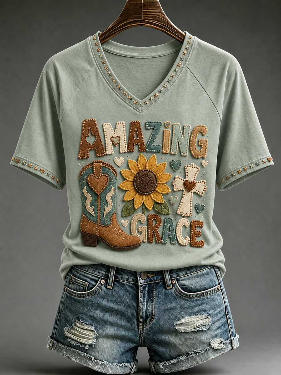 Women's Retro Western Cross V-neck Short Sleeve T-shirt