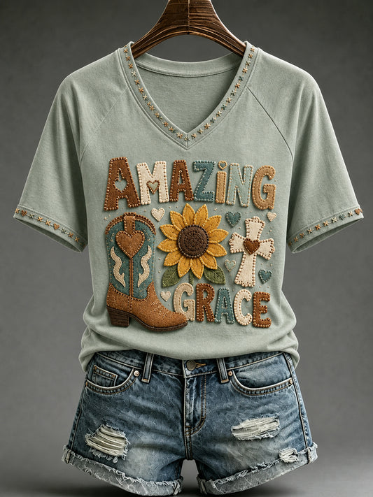 Women's Retro Western Cross V-neck Short Sleeve T-shirt