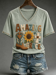 Women's Retro Western Cross V-neck Short Sleeve T-shirt