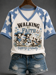 Women's Walking By Faith Tripping Constantly V-neck Off-shoulder Short-sleeved T-shirt