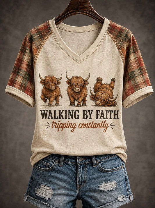 Women's Walking By Faith Tripping Constantly V-neck Off-shoulder Short-sleeved T-shirt