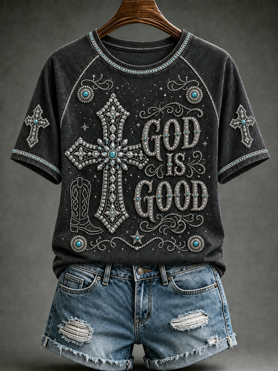 Women's Retro Western Cross O-neck Short Sleeve T-shirt