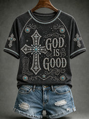 Women's Retro Western Cross O-neck Short Sleeve T-shirt