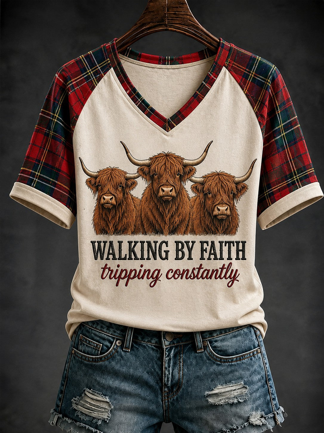 Women's Walking By Faith Tripping Constantly V-neck Off-shoulder Short-sleeved T-shirt
