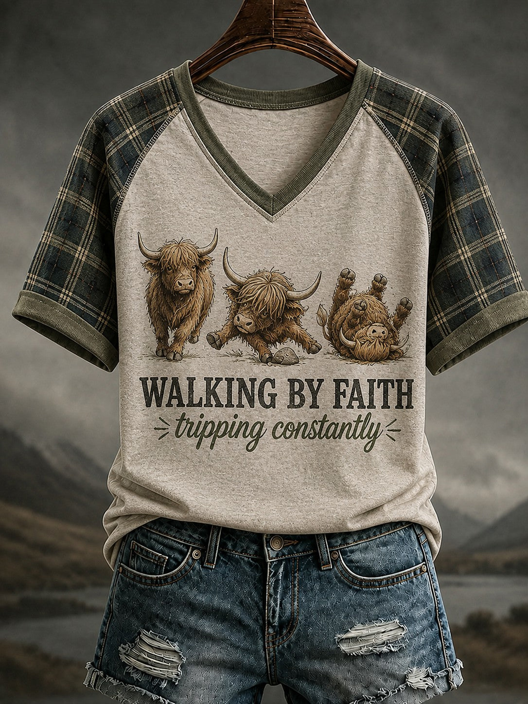 Women's Walking By Faith Tripping Constantly V-neck Off-shoulder Short-sleeved T-shirt