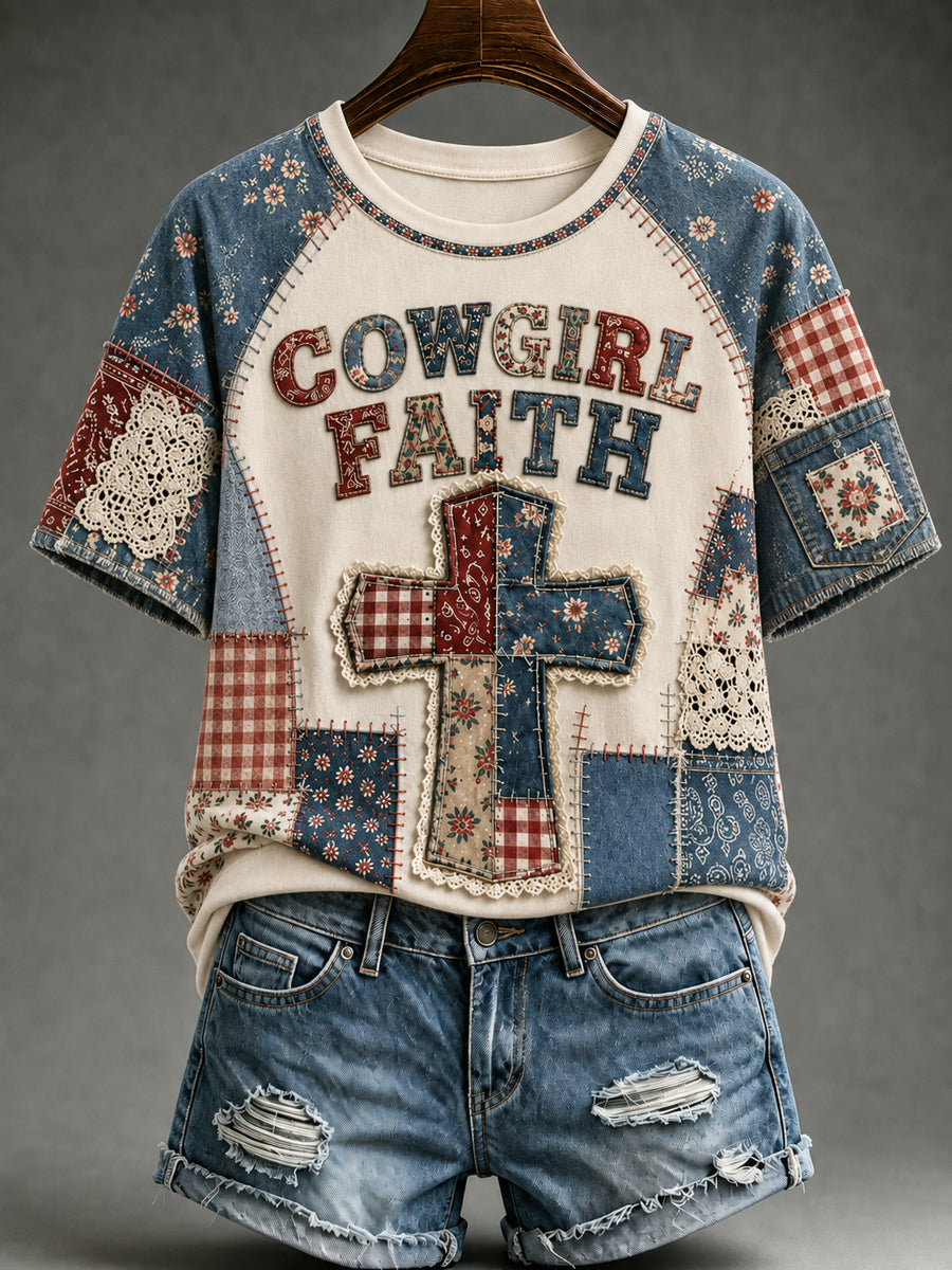 Women's Retro Western Cross O-neck Short Sleeve T-shirt