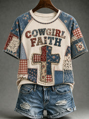 Women's Retro Western Cross O-neck Short Sleeve T-shirt