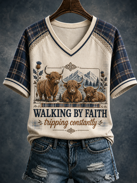 Women's Walking By Faith Tripping Constantly V-neck Off-shoulder Short-sleeved T-shirt