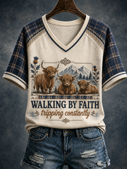 Women's Walking By Faith Tripping Constantly V-neck Off-shoulder Short-sleeved T-shirt