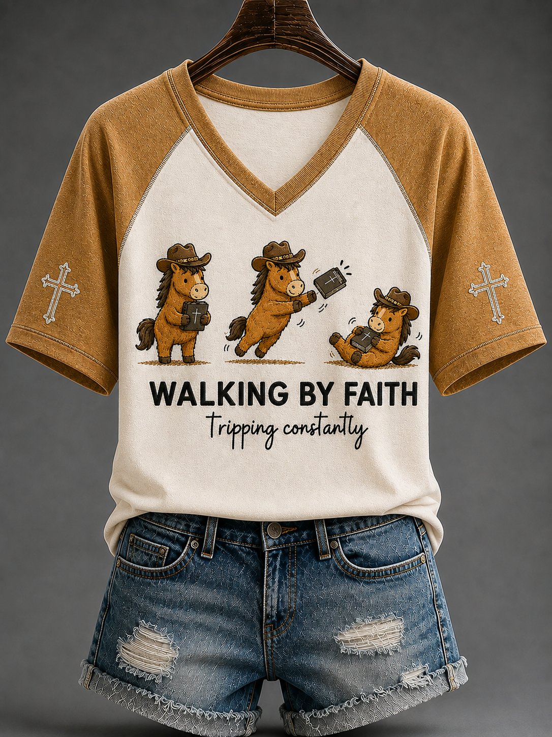 Women's Walking By Faith Tripping Constantly V-neck Off-shoulder Short-sleeved T-shirt