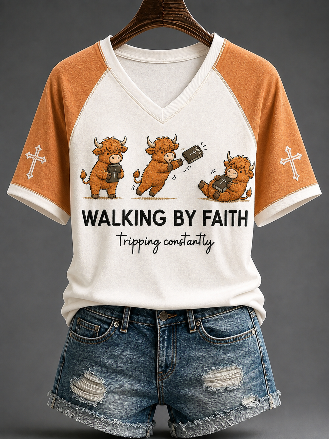 Women's Walking By Faith Tripping Constantly V-neck Off-shoulder Short-sleeved T-shirt