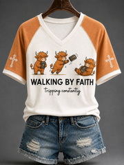 Women's Walking By Faith Tripping Constantly V-neck Off-shoulder Short-sleeved T-shirt