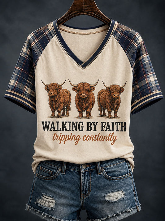 Women's Walking By Faith Tripping Constantly V-neck Off-shoulder Short-sleeved T-shirt