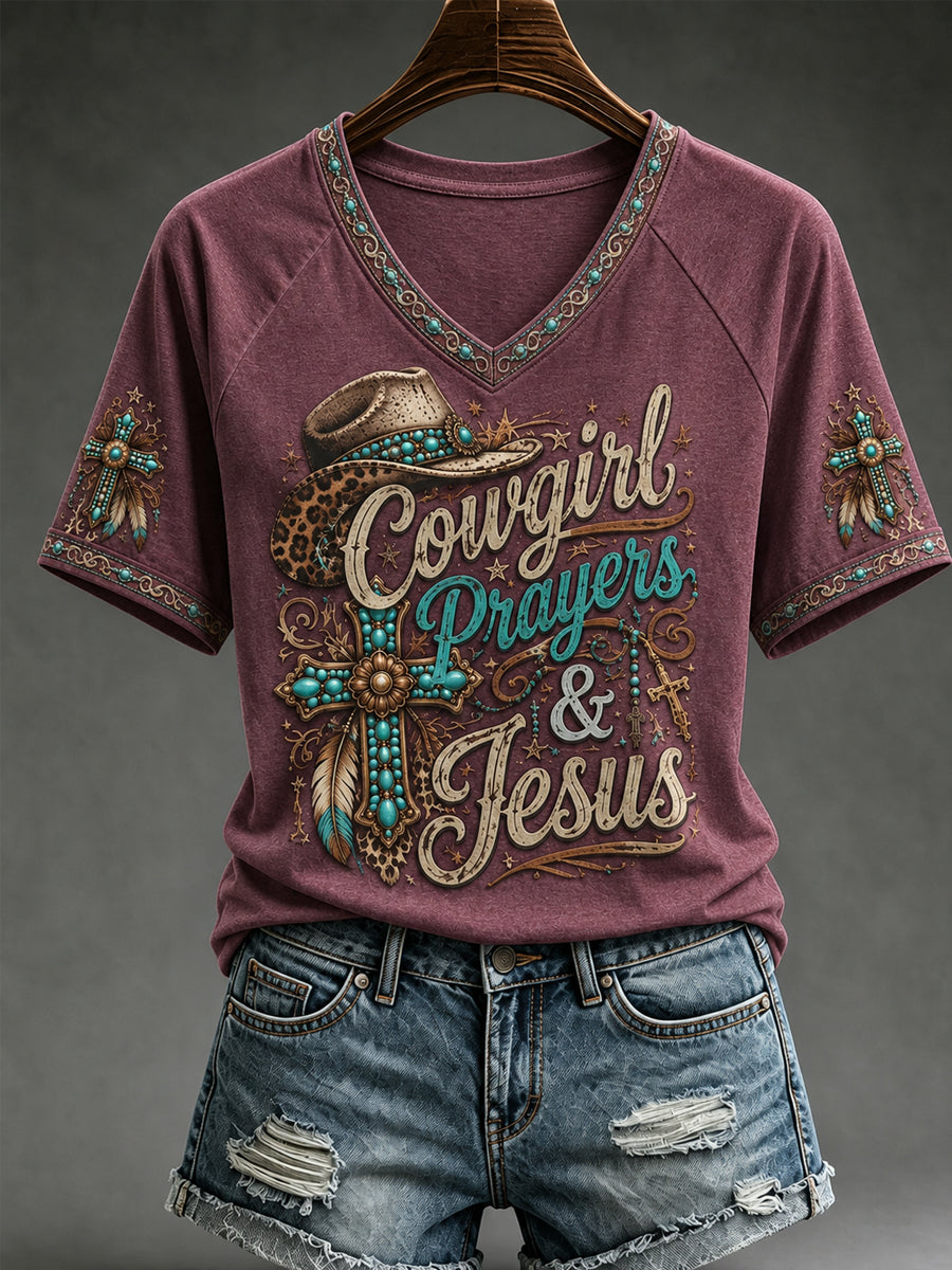 Women's Retro Western Cross V-neck Short Sleeve T-shirt