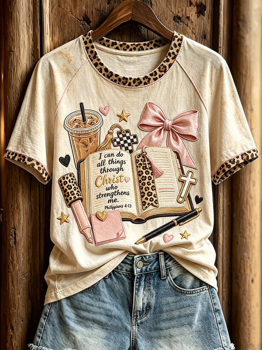 Women's Vintage Faith Art Leopard Print Round Neck Short Sleeve T-shirt