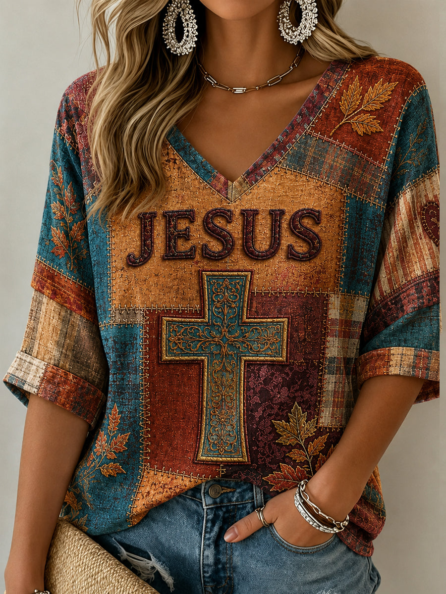 Women's Fall Jesus Cross Art Mid-length Sleeves V-Neck T-Shirt