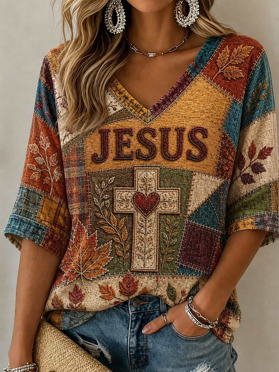 Women's Fall Jesus Cross Art Mid-length Sleeves V-Neck T-Shirt