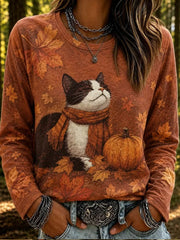 Women's Fall Pumpkin Maple Leaf Cat Long Sleeve T-shirt