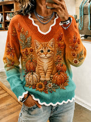 Women’s Autumn Cat Pumpkin Wind Leaves Top