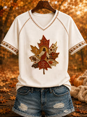 Women's Autumn Art "JESUS" Printed V-neck T-shirt