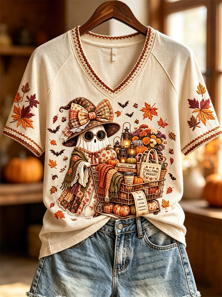 Women's Halloween Boho Ghost Fall Shopping Print short-sleeved T-shirt