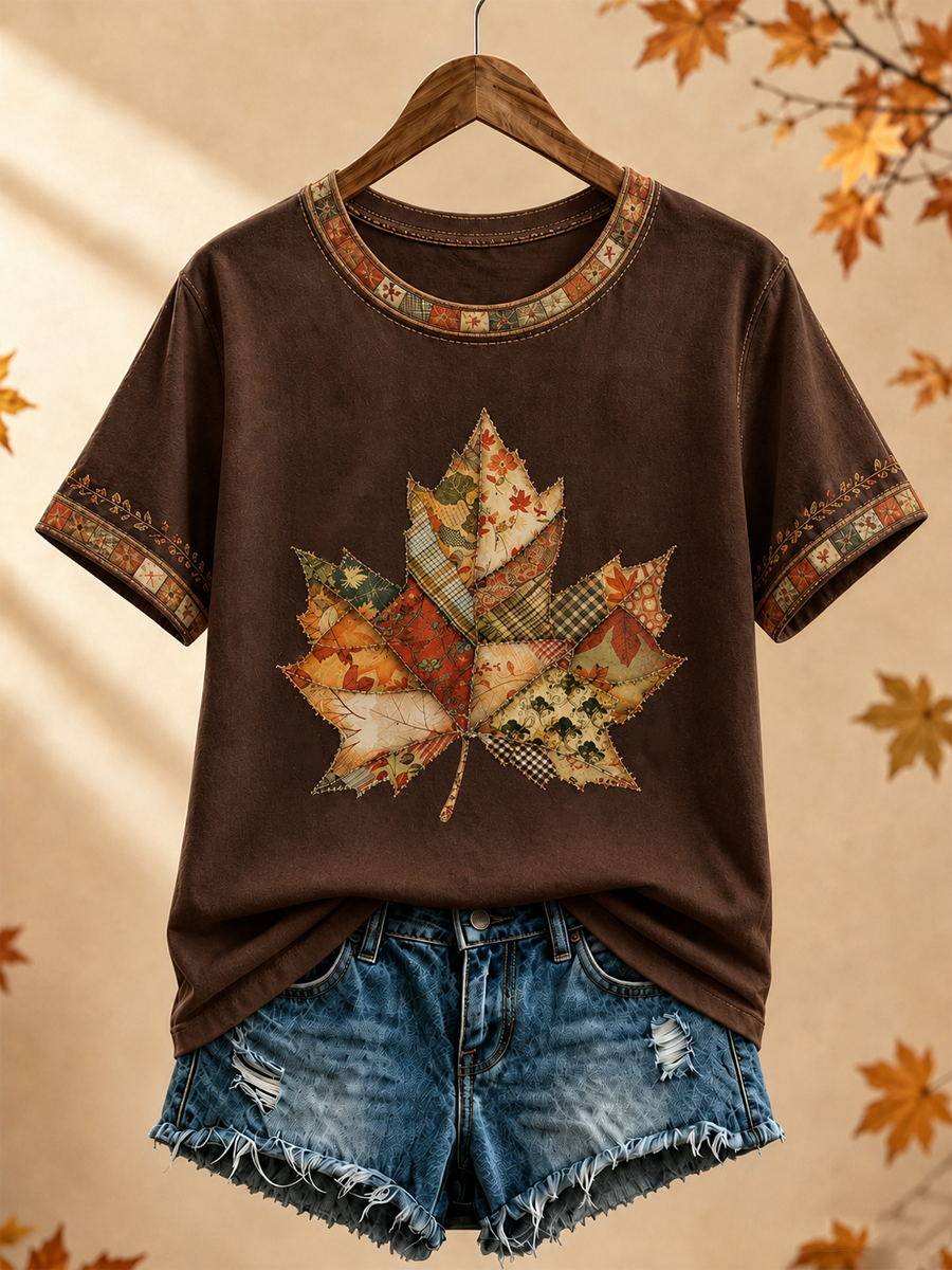 Women's Autumn maple leaf printed short-sleeved T-shirt