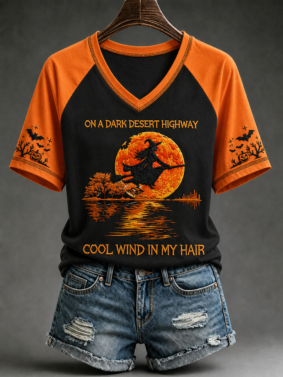 Women's Halloween Witch Pumpkin Bat V-neck Short Sleeve T-shirt