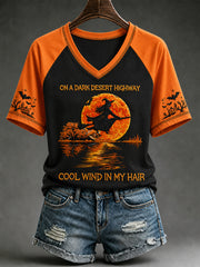 Women's Halloween Witch Pumpkin Bat V-neck Short Sleeve T-shirt