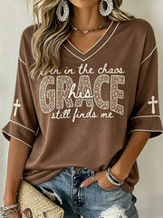Women's His Grace Still Finds Me Christian Faith Floral Print Mid-length Sleeves V-Neck T-Shirt