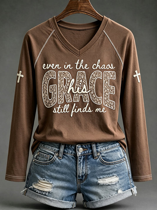 Women's His Grace Still Finds Me Christian Faith Floral Print Long-sleeved T-shirt