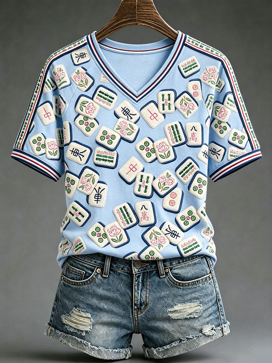 Women's Casual Mahjong V-Neck T-Shirts