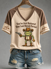 Women's You’ve Just Buttered Your Last Biscuit Print Casual V-Neck Tee