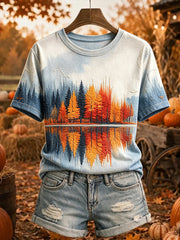 Women's Vintage Fall Trees Print Cozy Short-sleeved T-shirt