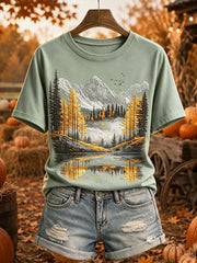 Women's Vintage Fall Tree Mountain Print Cozy Short-sleeved T-shirt