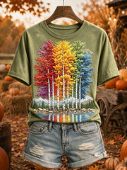 Women's Colorful Fall Trees Print Cozy Short-sleeved T-shirt