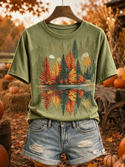 Women's Vintage Fall Trees Print Comfy Short-sleeved T-shirt