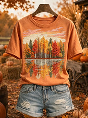 Women's Vintage Fall Trees Print Cozy Short-sleeved T-shirt