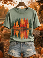 Women's Autumn Trees Reflection Print Cozy Short-sleeved T-shirt