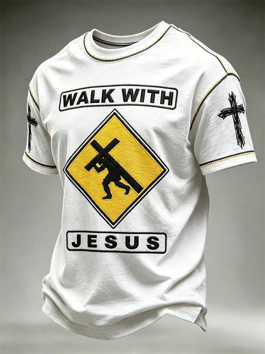 Men's Walk with Jesus Funny Road Sign Print short sleeves t-shirt