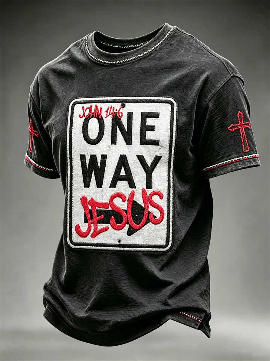 Men's One Way Jesus Funny Road Sign Print short sleeves t-shirt