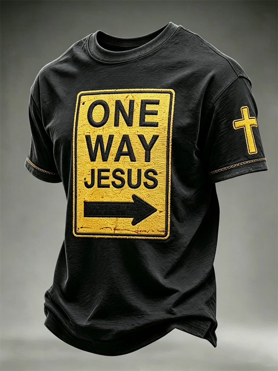 Men's One Way Jesus Funny Road Sign Print short sleeves t-shirt