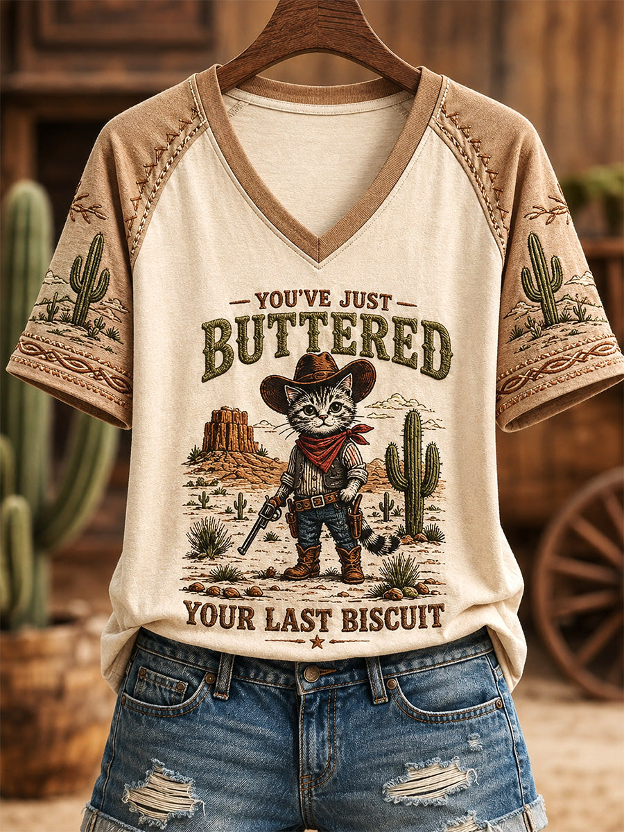 Women's You’ve Just Buttered Your Last Biscuit Print Casual V-Neck Tee