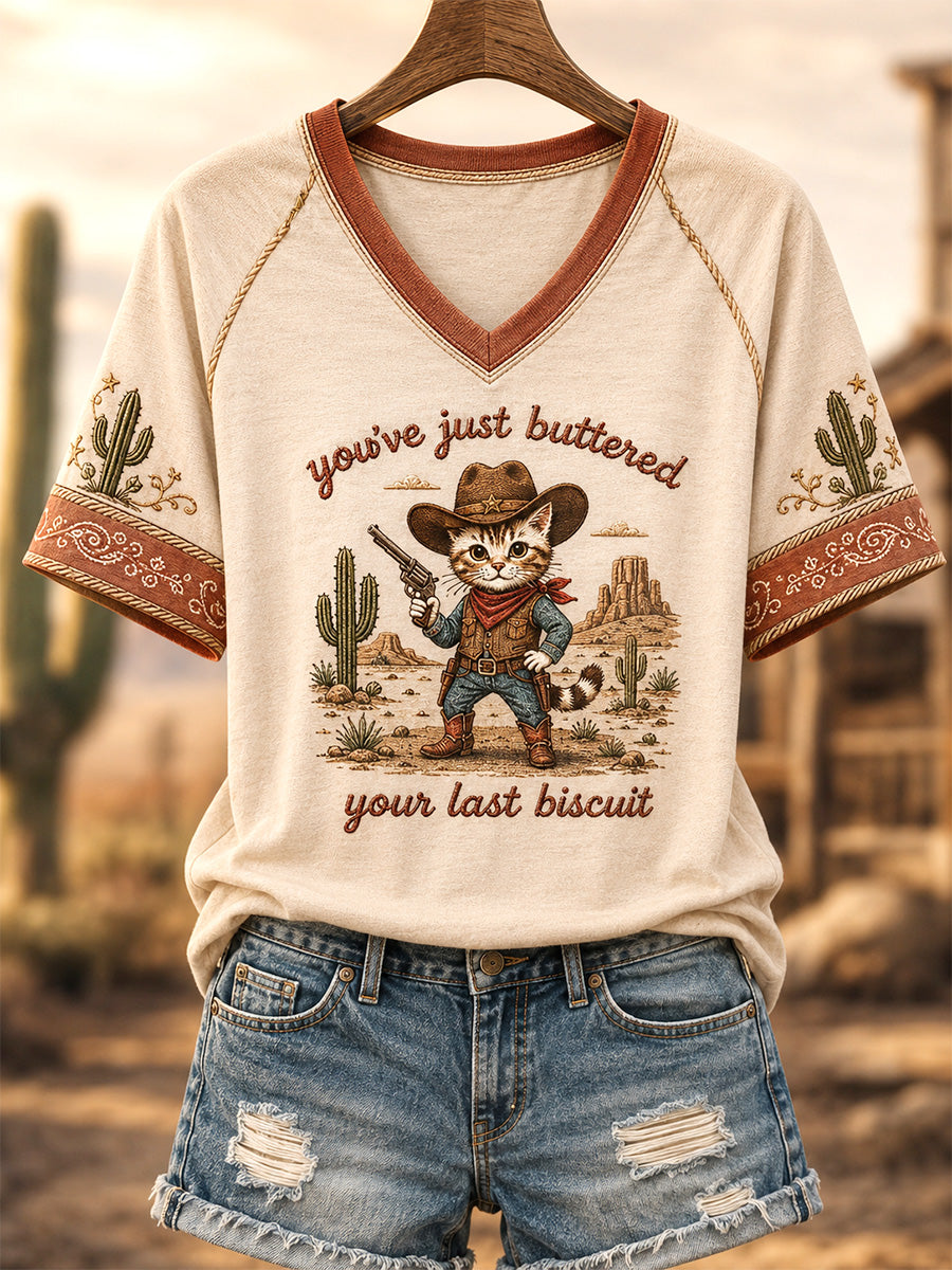 Women's You’ve Just Buttered Your Last Biscuit Print Casual V-Neck Tee