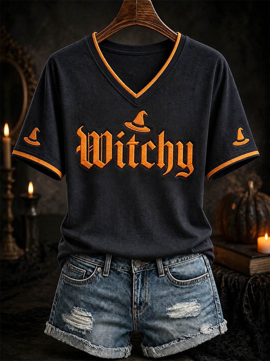 Women's Halloween Witchy Print Casual V-Neck Tee
